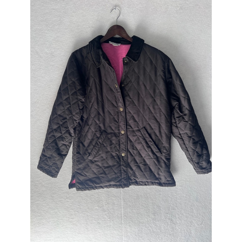 Lilly Pulitzer Quilted Barn Jacket Black Pink Lining Corduroy Collar Small
